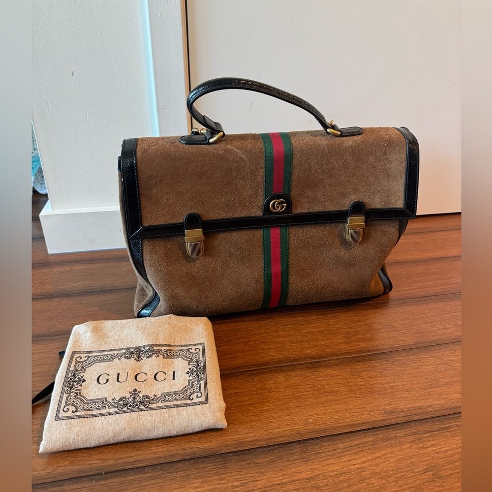Gucci Brown Suede Briefcase with Green and Red Web Stripe